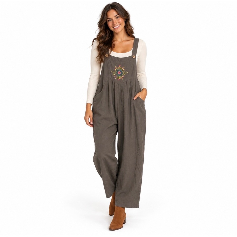 NWT Natural Life Embroidered Floral Cotton Overalls Jumpsuit Olive Brown Large